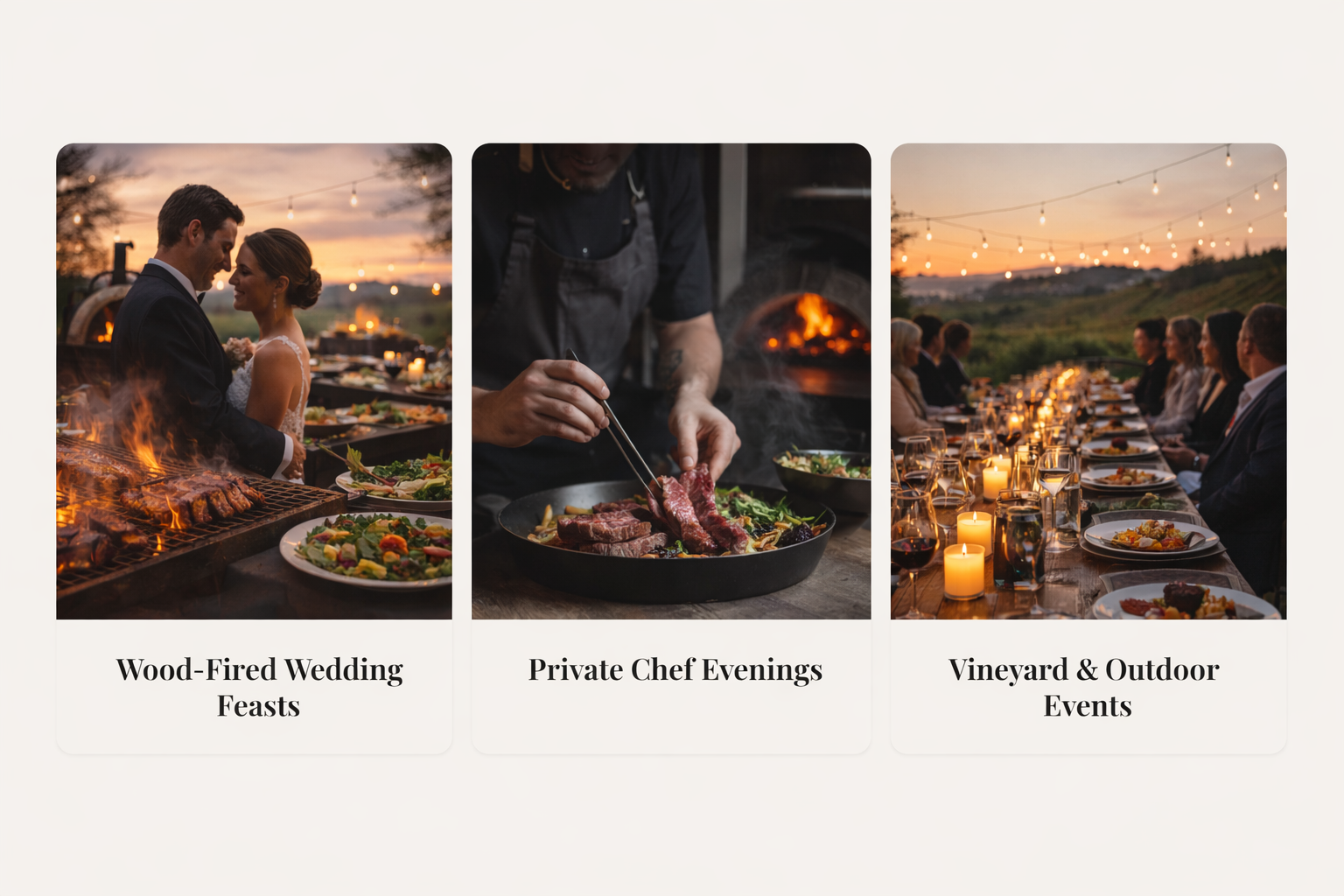 Featured Kaleidos experiences including wood-fired cooking and event settings