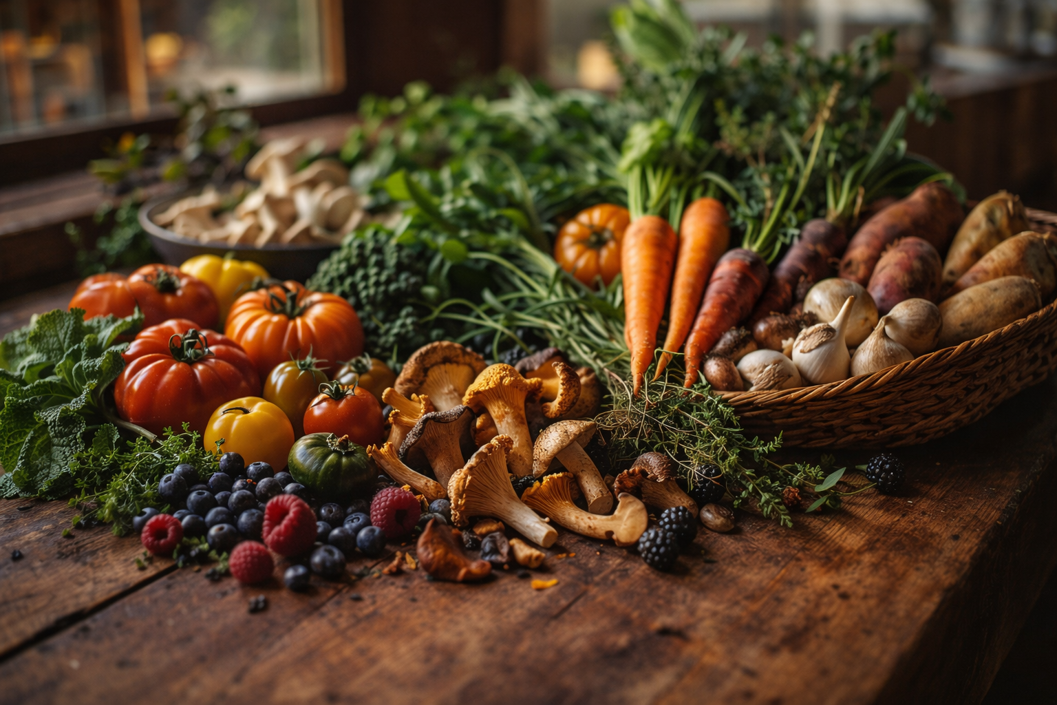 Fresh Pacific Northwest ingredients arranged on a table