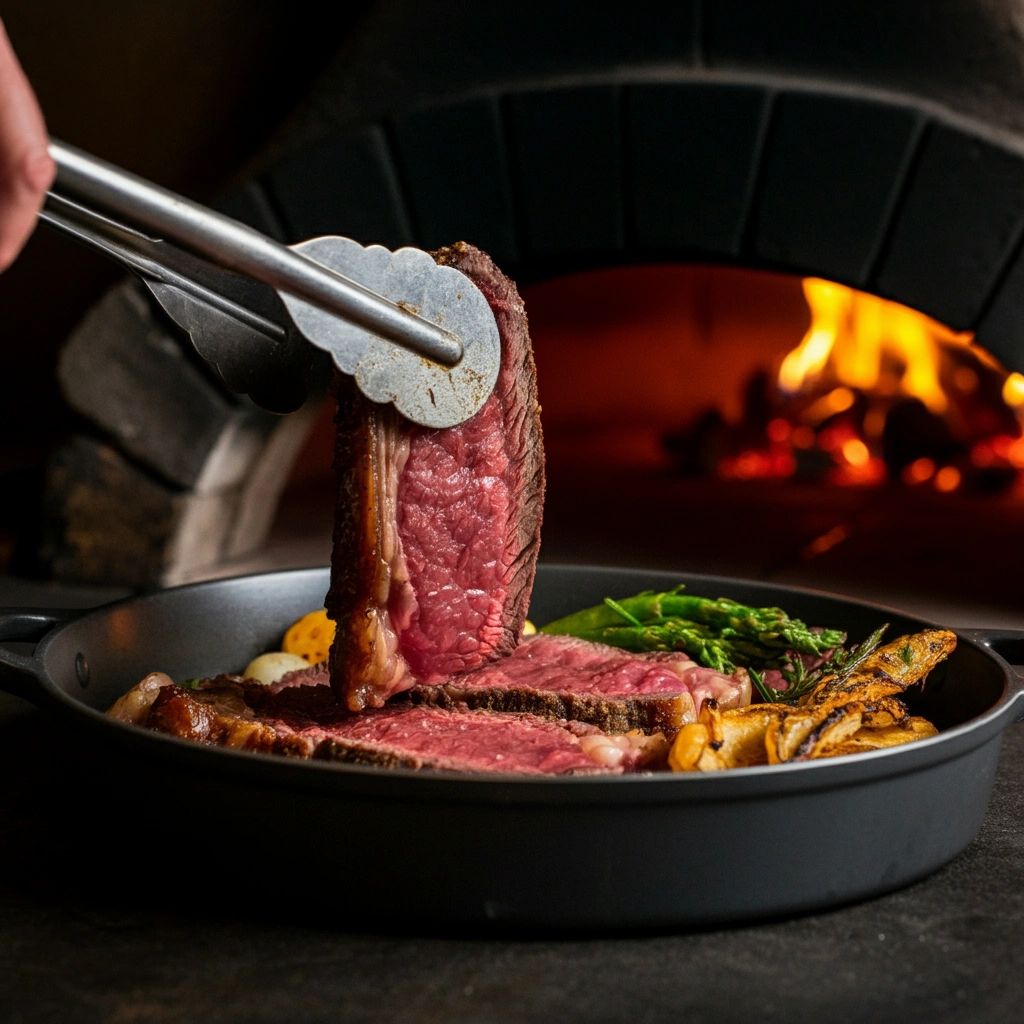 Wood-fired ribeye plated for service